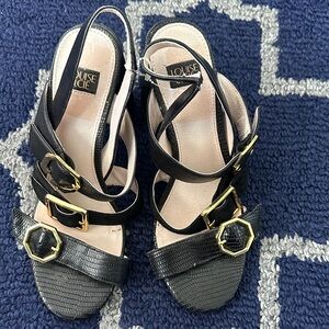 3 inch high Louise et Cie Black Leather Strappy Sandals with Gold Buckles